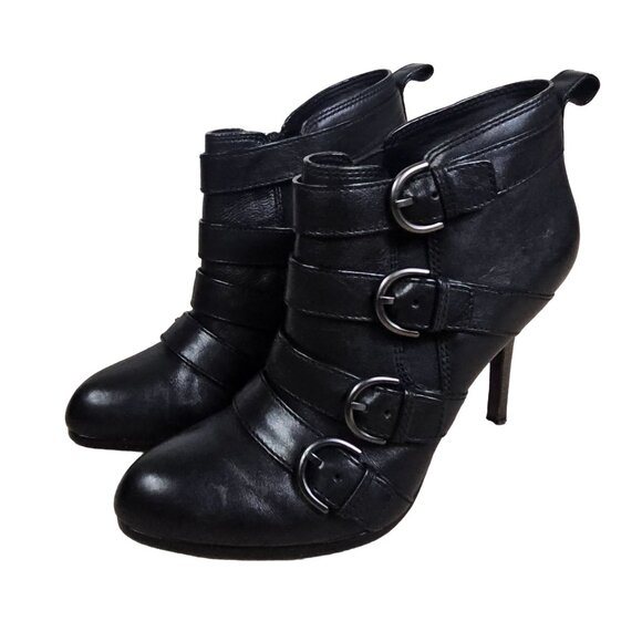 Coach Tessie Black Leather Heeled Booties Buckles Sz 10B Almond Toe Goth Baddie - Picture 1 of 10